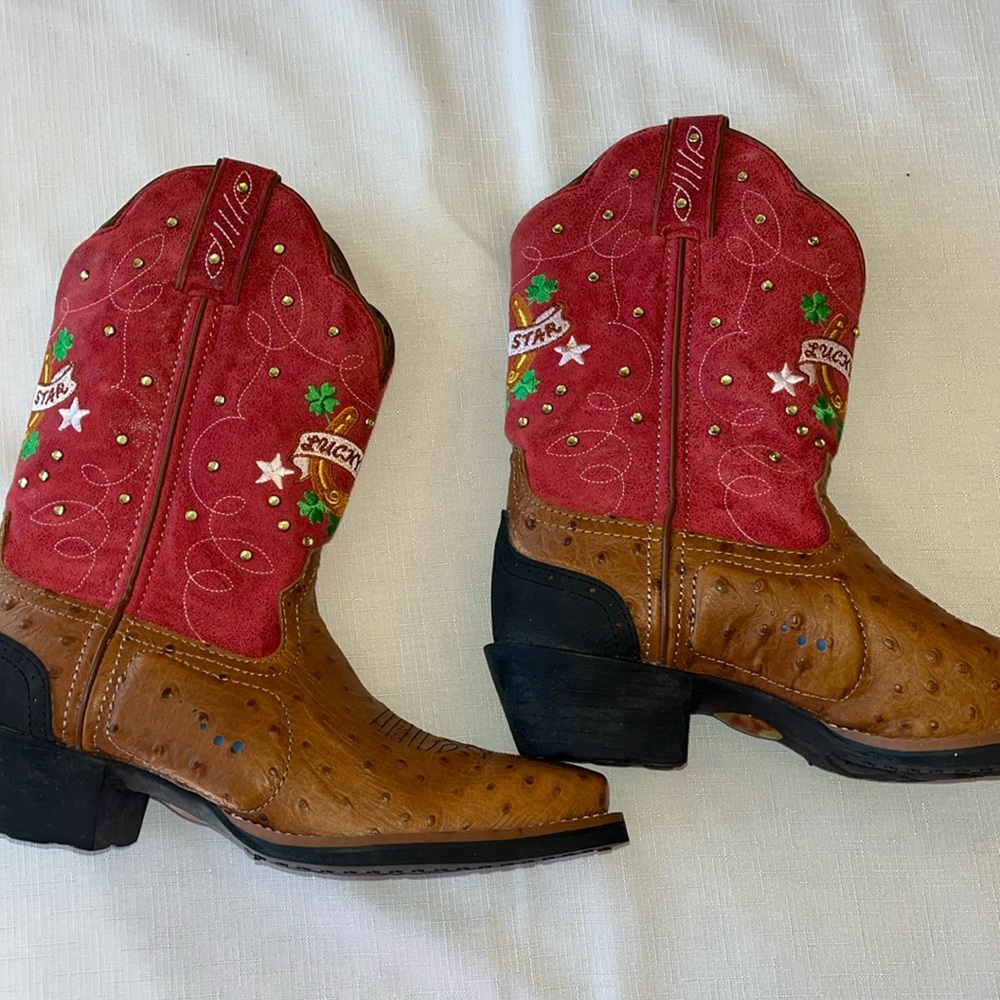 Tony Lama Red and Tan Embroidered Heeled Boots